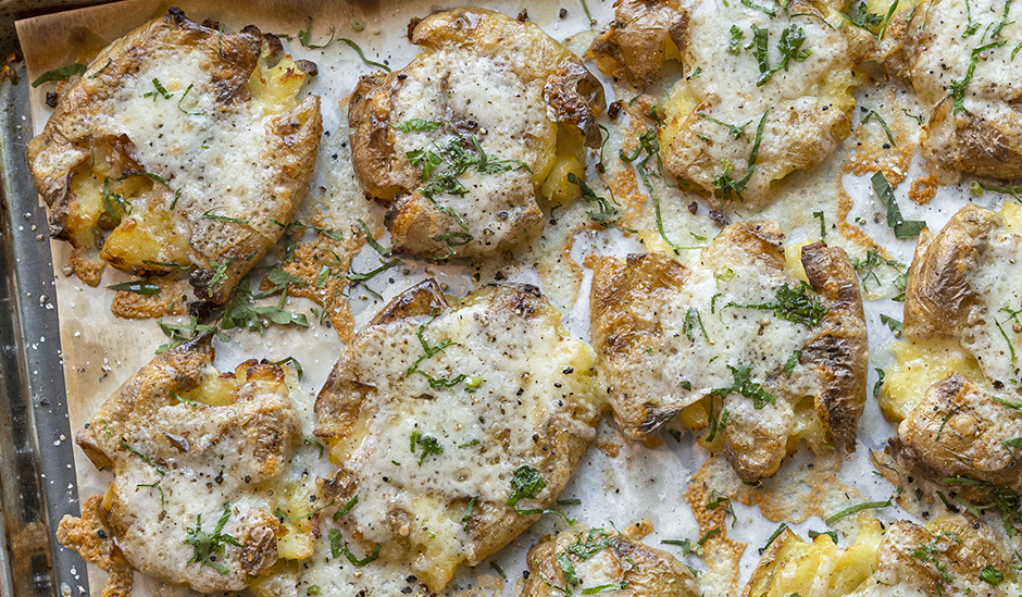 Crispy Smashed Potatoes with Cheddar & Herbs