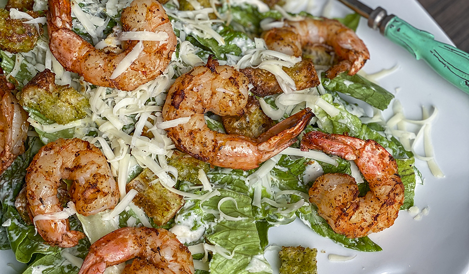 Cheddar Caesar Salad with Grilled Shrimp