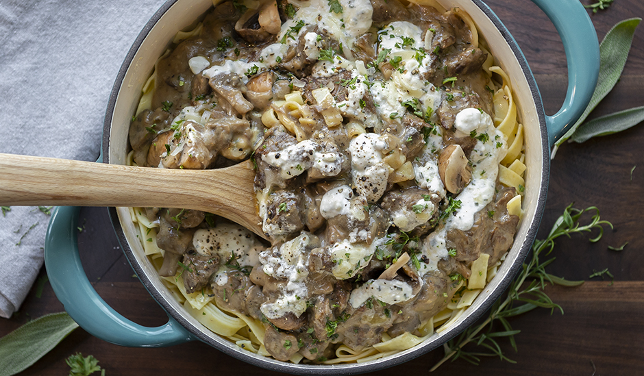 Beef Stroganoff with Creamy Cheddar Chive Sauce